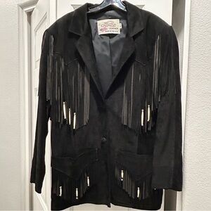 VTG Lariat Black Suede Fringe w/ Bone Pipe and Silver Bead Detail SZ M